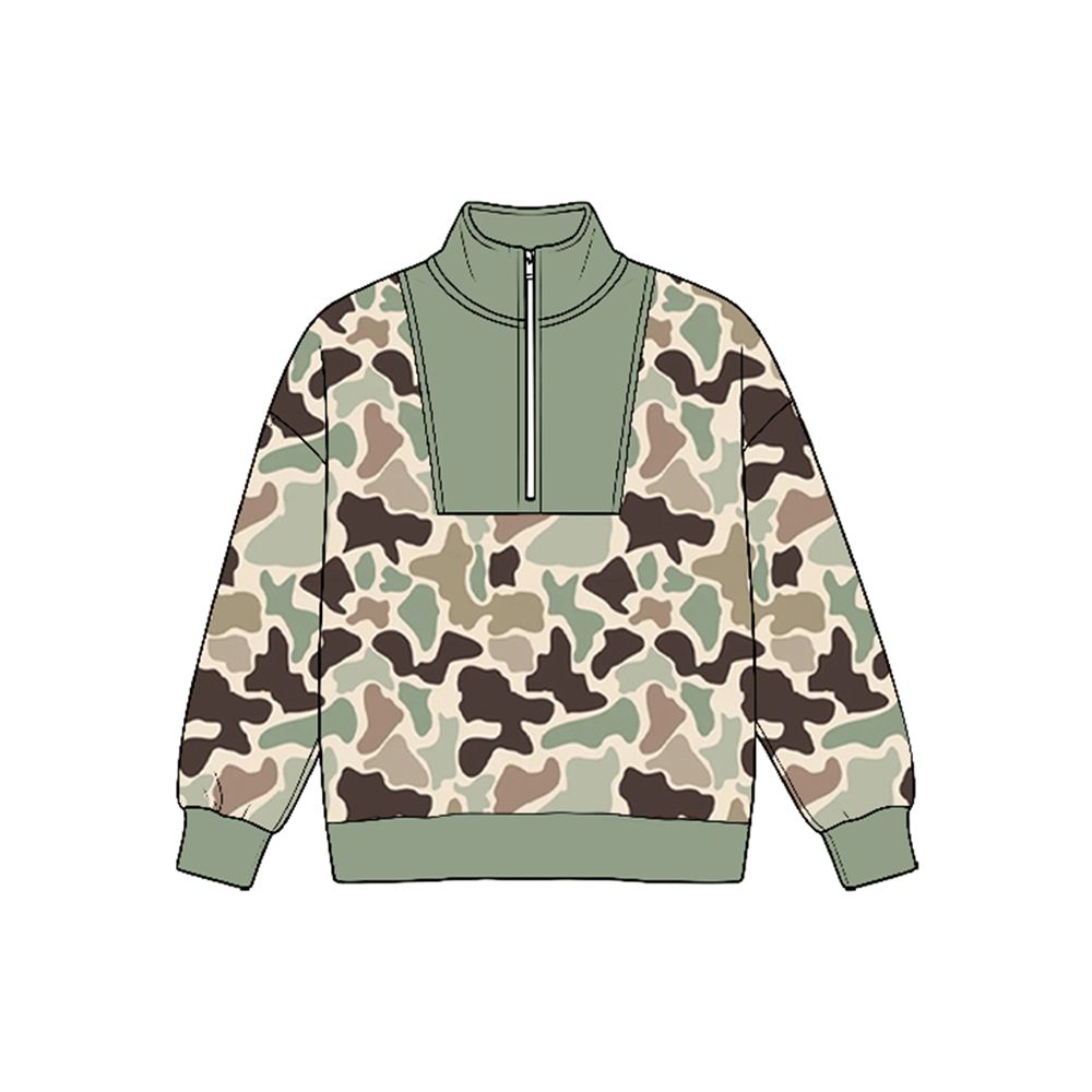 ( Moq 5 ) Preorder Baby Boys Kids Long Sleeves Half Zip Green Pullover Camo Shirt Tops