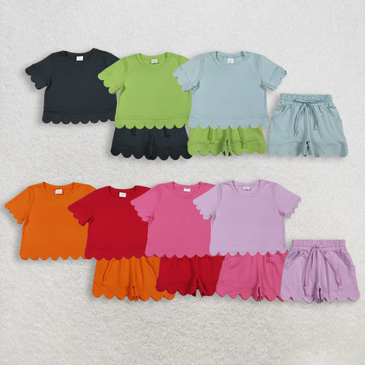 Sibling Baby Girls Kids Short Sleeves Shirts Scallop Shorts Sets Summer Cotton Clothes RTS