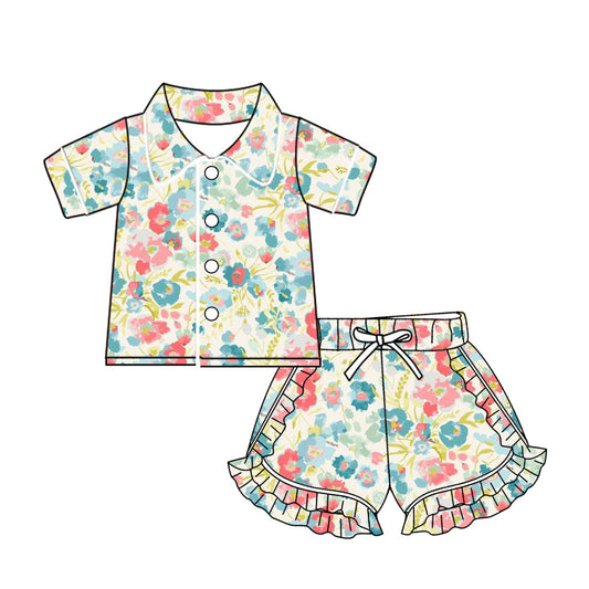 Baby Girl Short Sleeves Buttons Short Summer Flower Pajamas Ruffle Set Moq 5