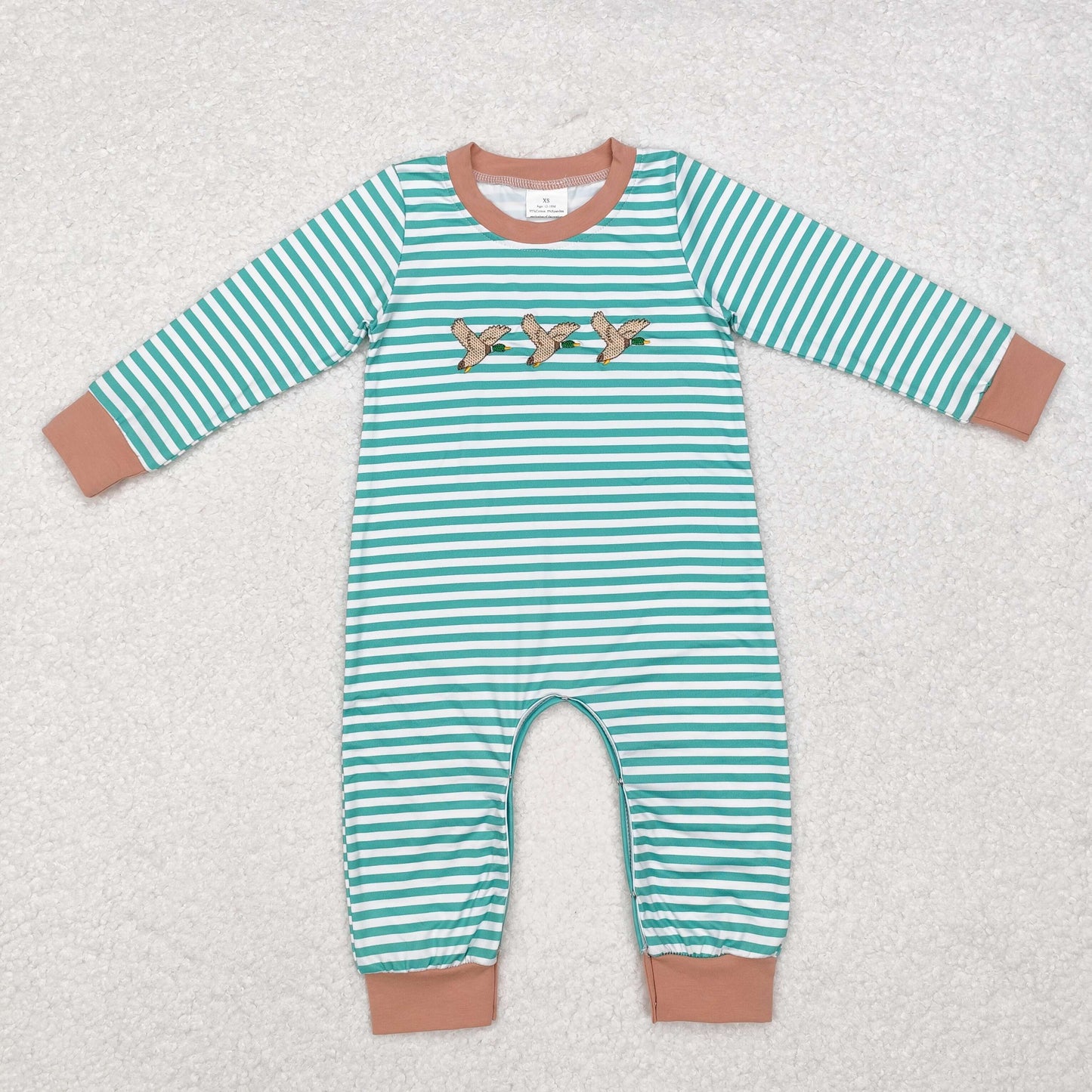 Baby Boy Green Stripes Embroidery Ducks Hunting Romper