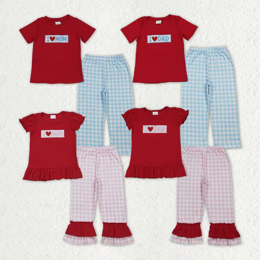 Baby Boys Girls Embroidery I Love Dad Mom Plaid Set Sibling Matching Outfit