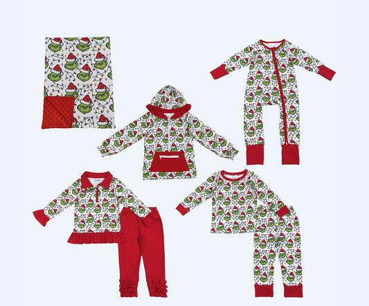 Sibling Baby Boys Girls Kids Green Face Lights Zipper Romper Sets Blanket Christmas Clothes RTS