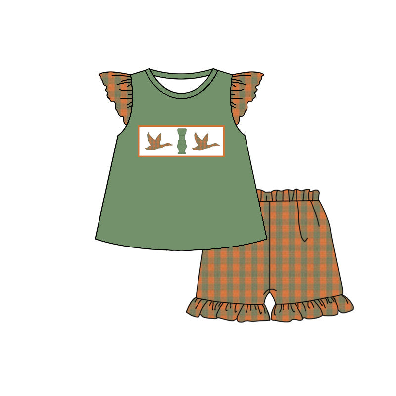 Baby Girl Green Short Sleeves Duck Call Hunting Shirt Plaid Shorts Clothes Set Moq 5