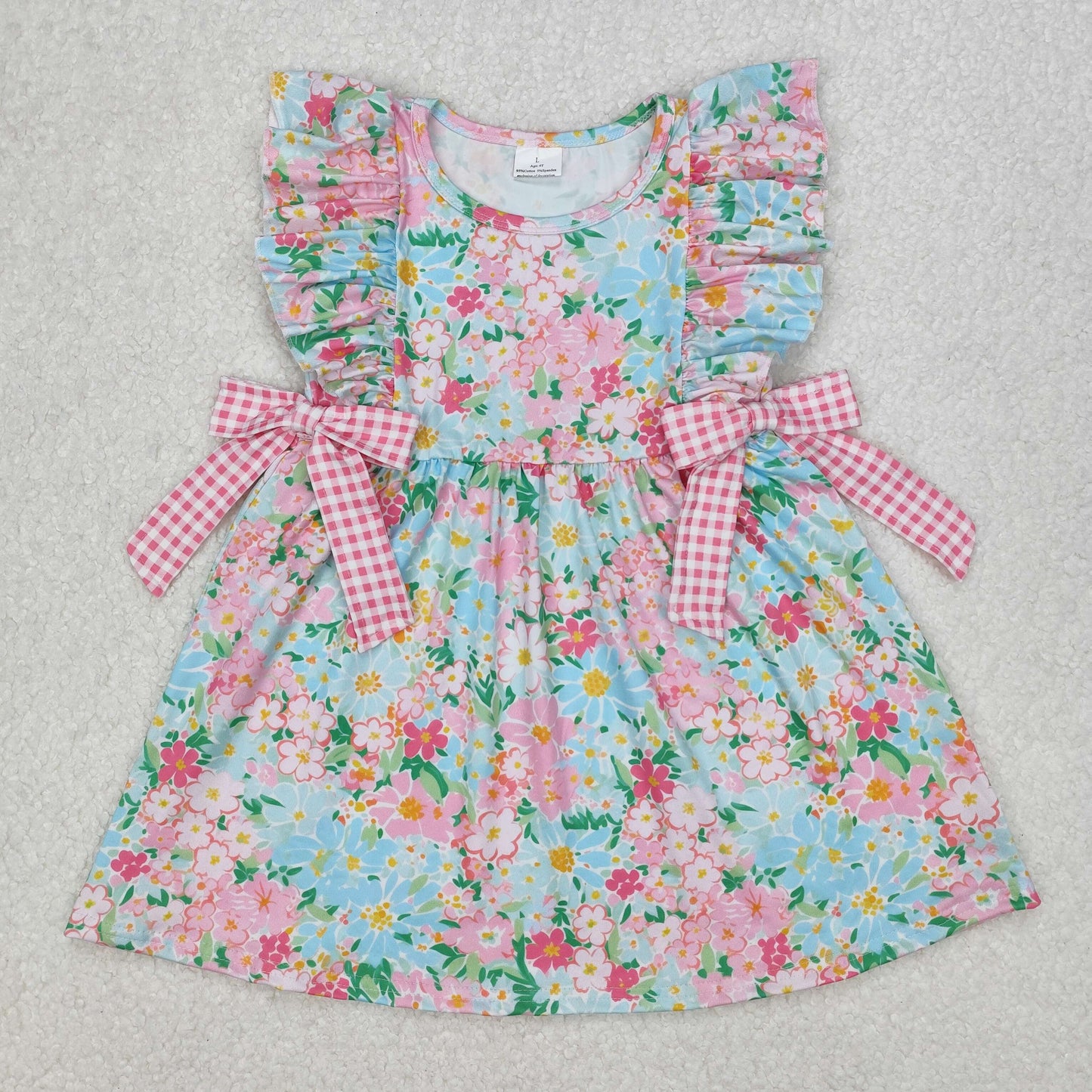 Baby Girl Ruffle Short Sleeves Flower Checked Bows Summer Knee Length Dress RTS
