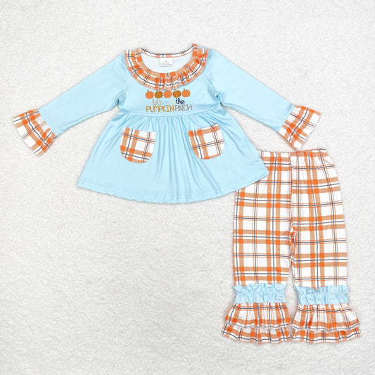 Baby Girl Long Sleeves Pumpkin Pocket Tops Plaid Pants Fall Set