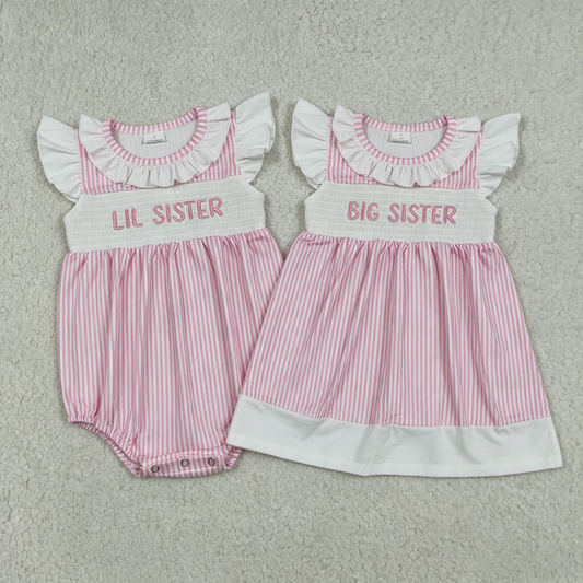 Sibling Baby Girls Kids Short Sleeves Embroidery Sister Pink Stripes Bubble Romper Dress Clothes RTS