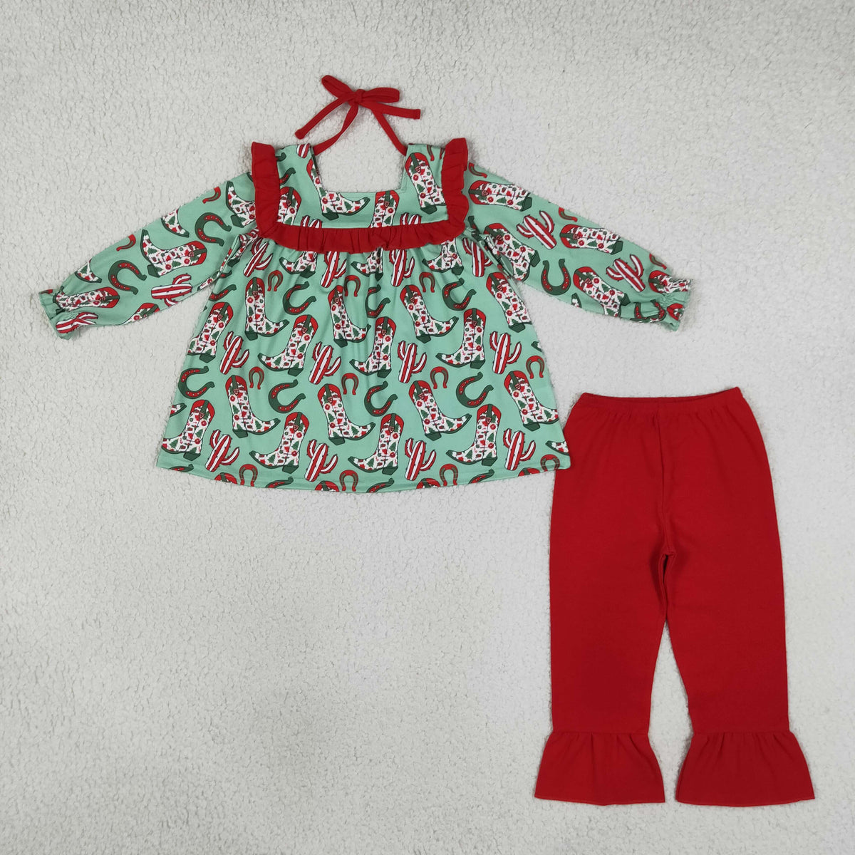 Baby Girl Long Sleeves Christmas Boots Cactus Tunic Red Pants Set RTS