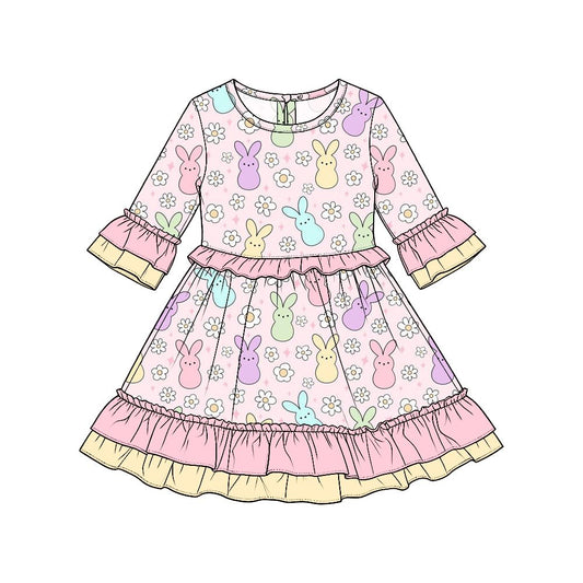 ( Moq 5 ) Preorder Baby Girls Kids Long Sleeves Rabbits Flower Easter Ruffle Dress Clothes