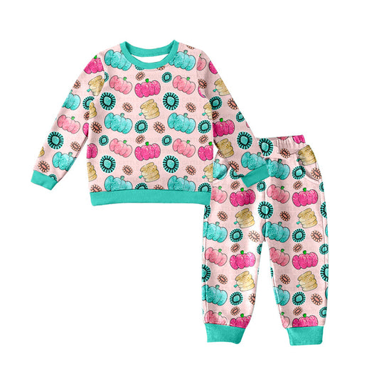Baby Girl Colorful Pumpkin Turquoise Shirt Pants Pajamas Set