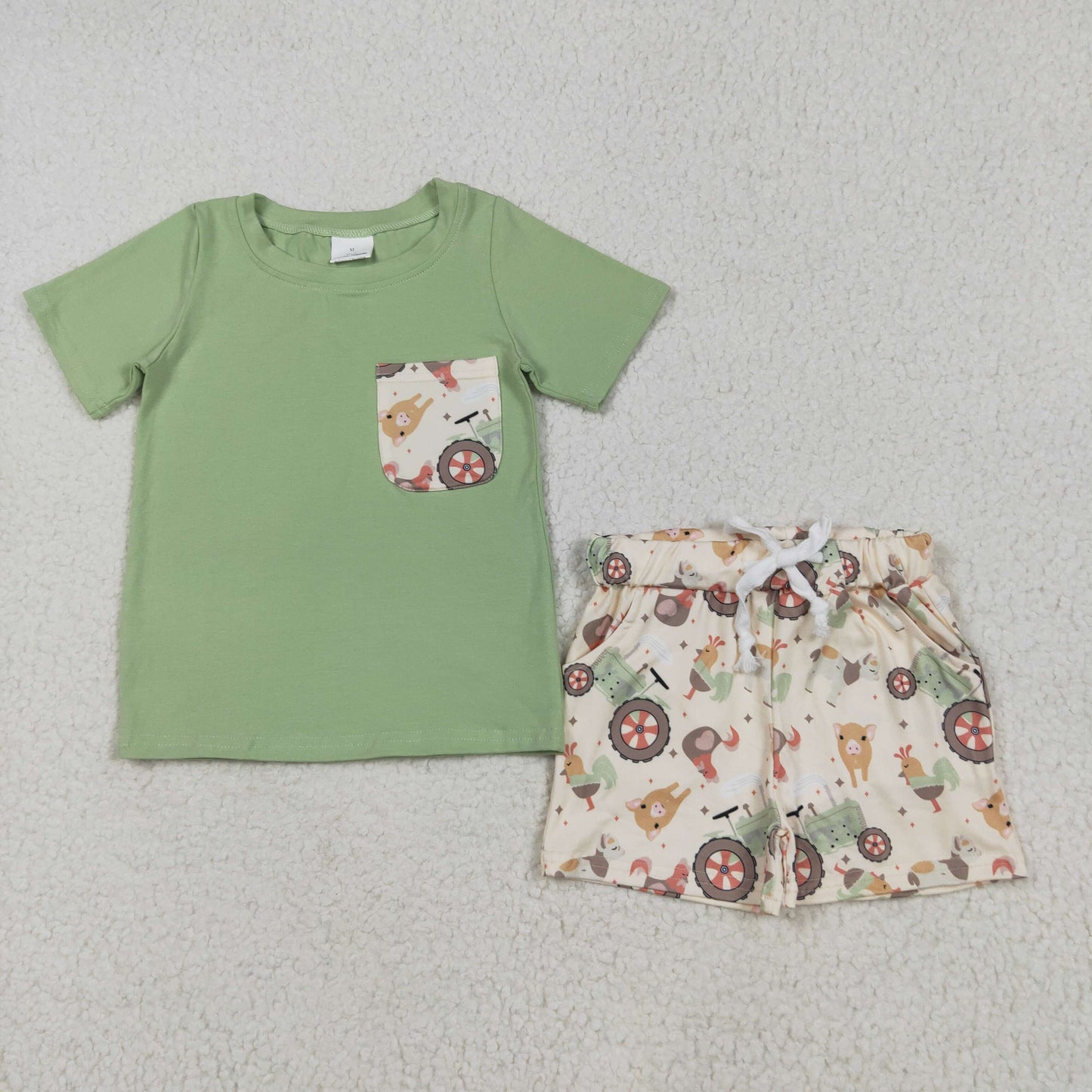 Baby Boy Short Sleeves Pocket Green Shirt Farm Animals Tractors Shorts Set RTS
