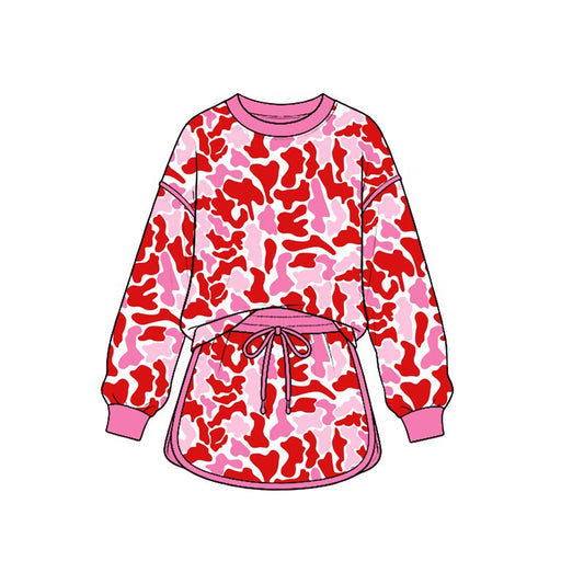 ( Moq 5 ) Preorder Baby Girls Kids Long Sleeves Camo Print Shirt Skirt Shorts Pink Set Clothes