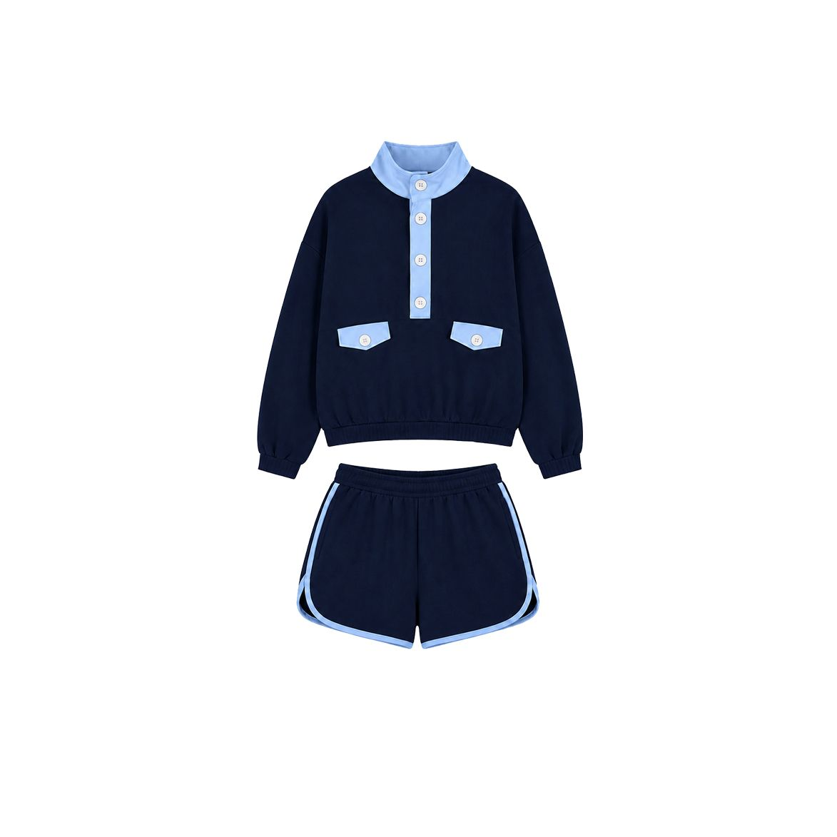 ( Moq 5 ) Preorder Baby Girls Kids Long Sleeves Pockets Buttons Shirt Cotton Shorts Navy Set