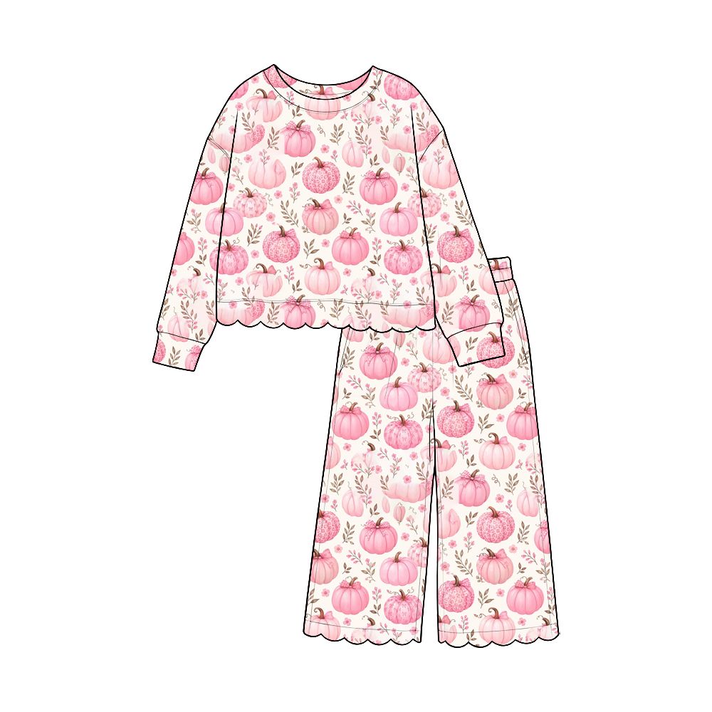 ( Moq 5 ) Preorder Baby Girls Kids Pumpkins Bows Flower Shirt Pants Scallop Set Fall Clothes