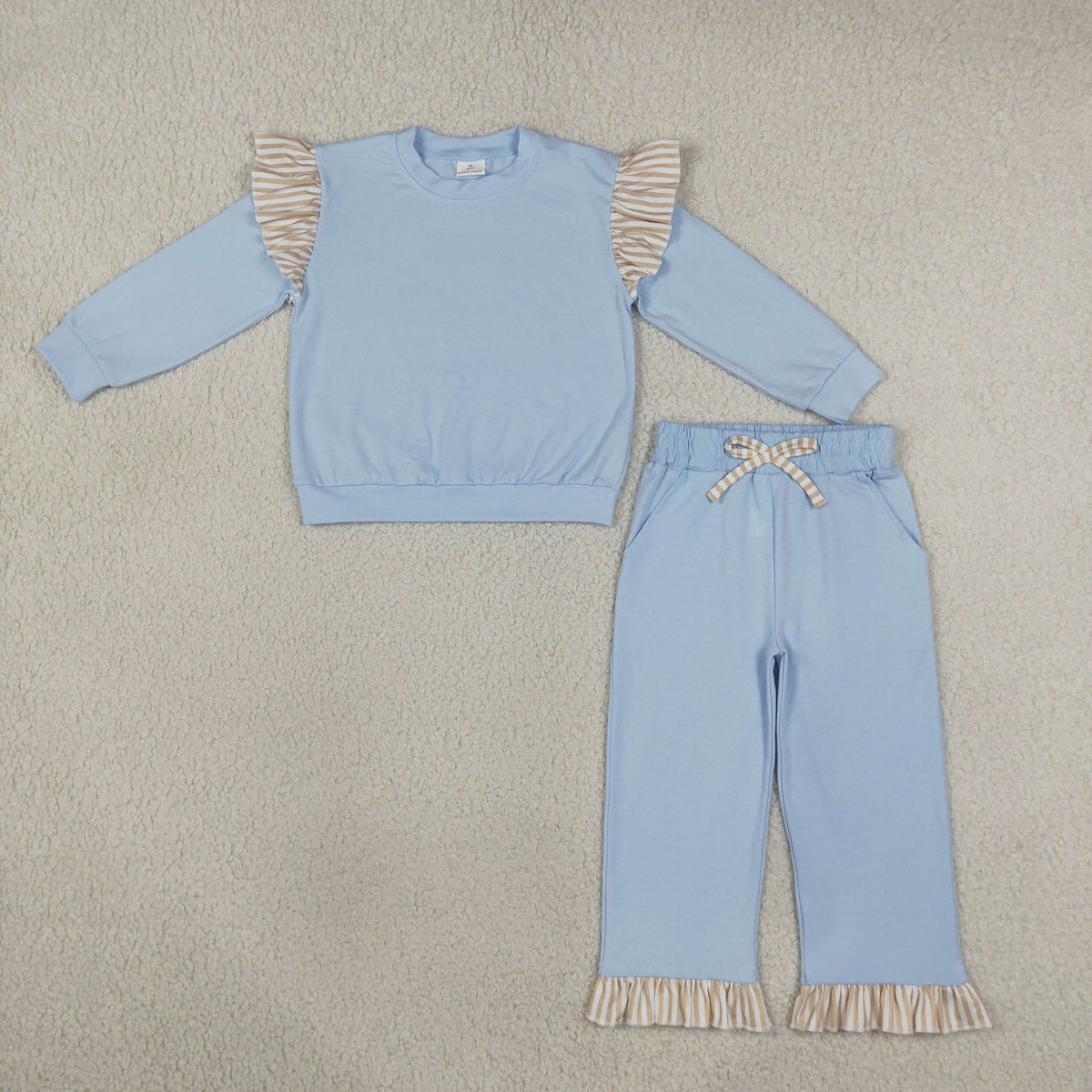 Sibling Baby Girls Kids Long Sleeves Shirts Pockets Shorts Pants Cotton Blue Sets Clothes RTS
