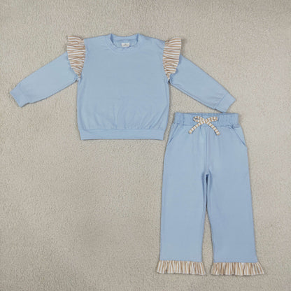 Sibling Baby Girls Kids Long Sleeves Shirts Pockets Shorts Pants Cotton Blue Sets Clothes RTS