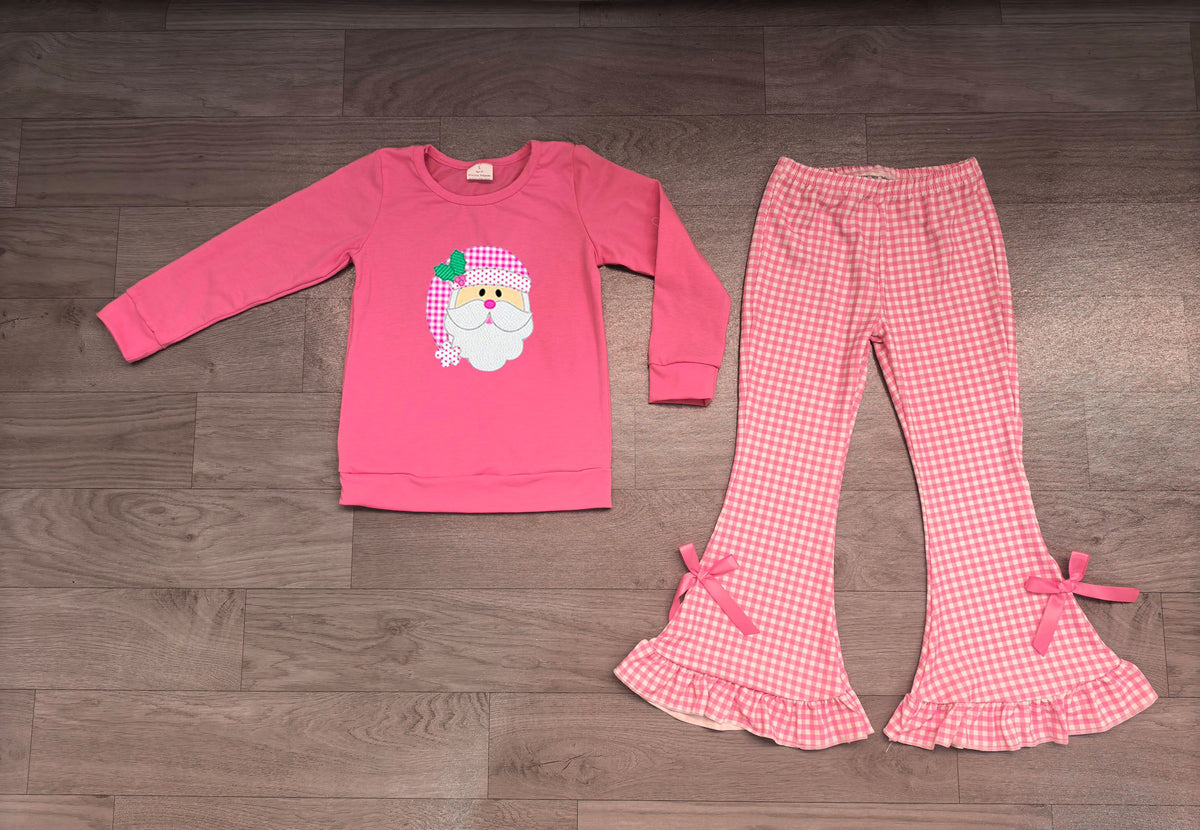 ( No moq ) Preorder Baby Girls Kids Embroidery Christmas Santa Shirt Pink Plaid Bows Pants Set Clothes
