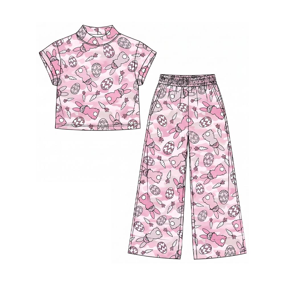( Moq 5 ) Preorder Baby Girls Kids Camo Shirt Pockets Pants Rabbits Easter Set Pink Clothes