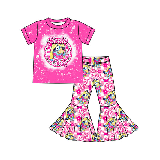 Baby Girl Short Sleeves Doll Flower Dogs Shirt Pink Bell Pants Clothes Set Moq 5