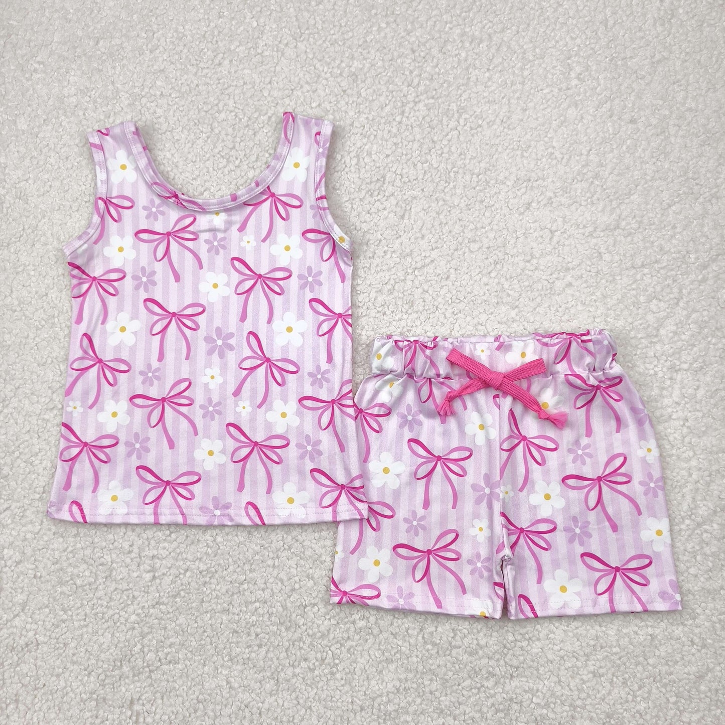 Baby Girl Sleeveless Flower Pink Bows Tops Shorts Set RTS