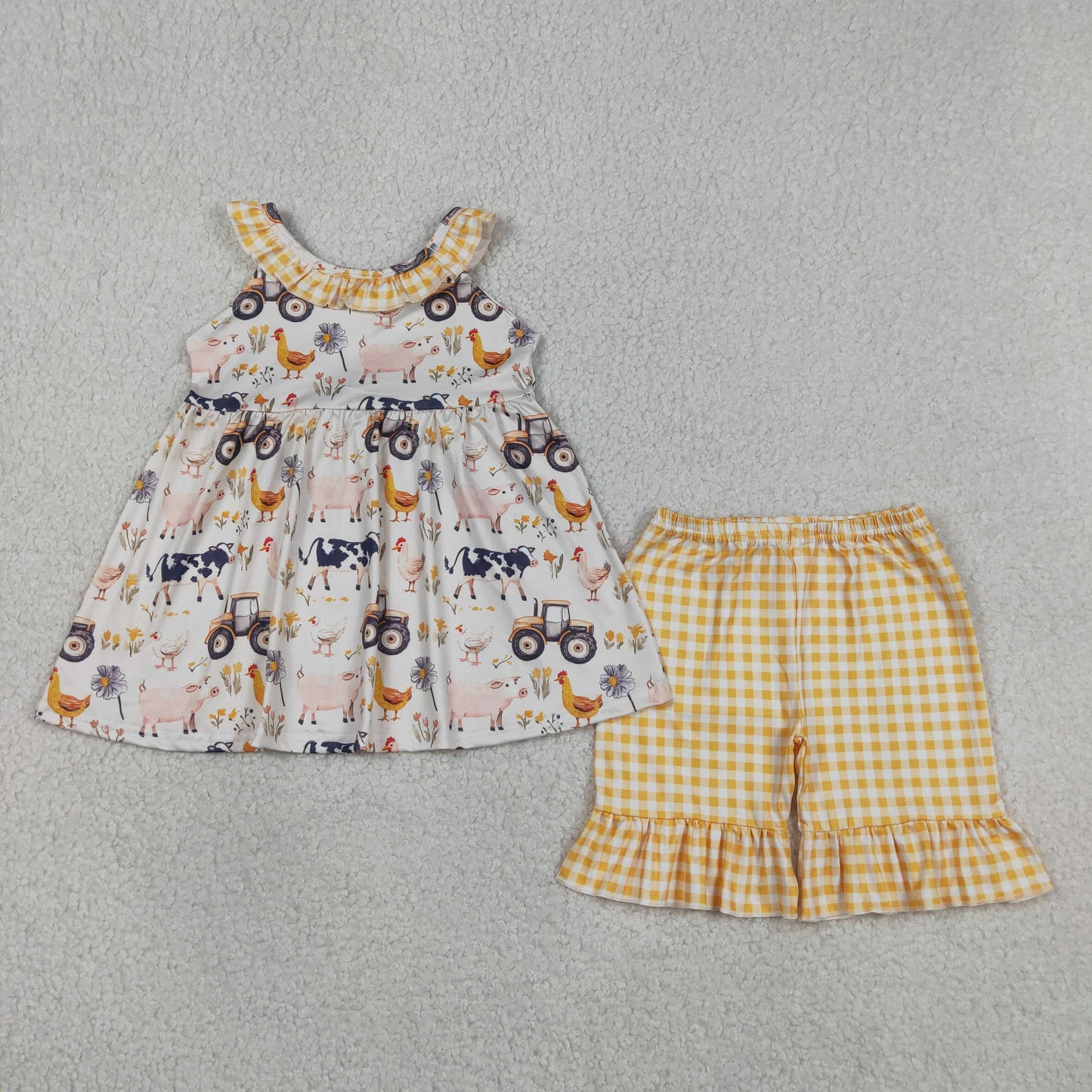 Sibling Baby Girls Kids Farm Animals Flower Ruffle Tops Plaid Shorts Summer Clothes Sets RTS