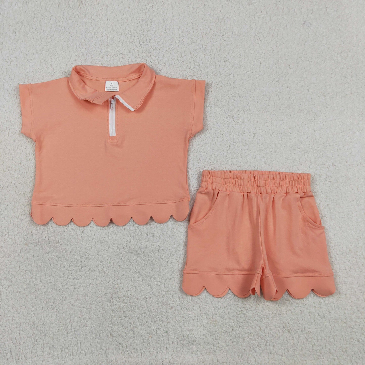 Baby Girls Kids Short Sleeves Zipper Shirt Scallop Shorts Set Cotton Clothes