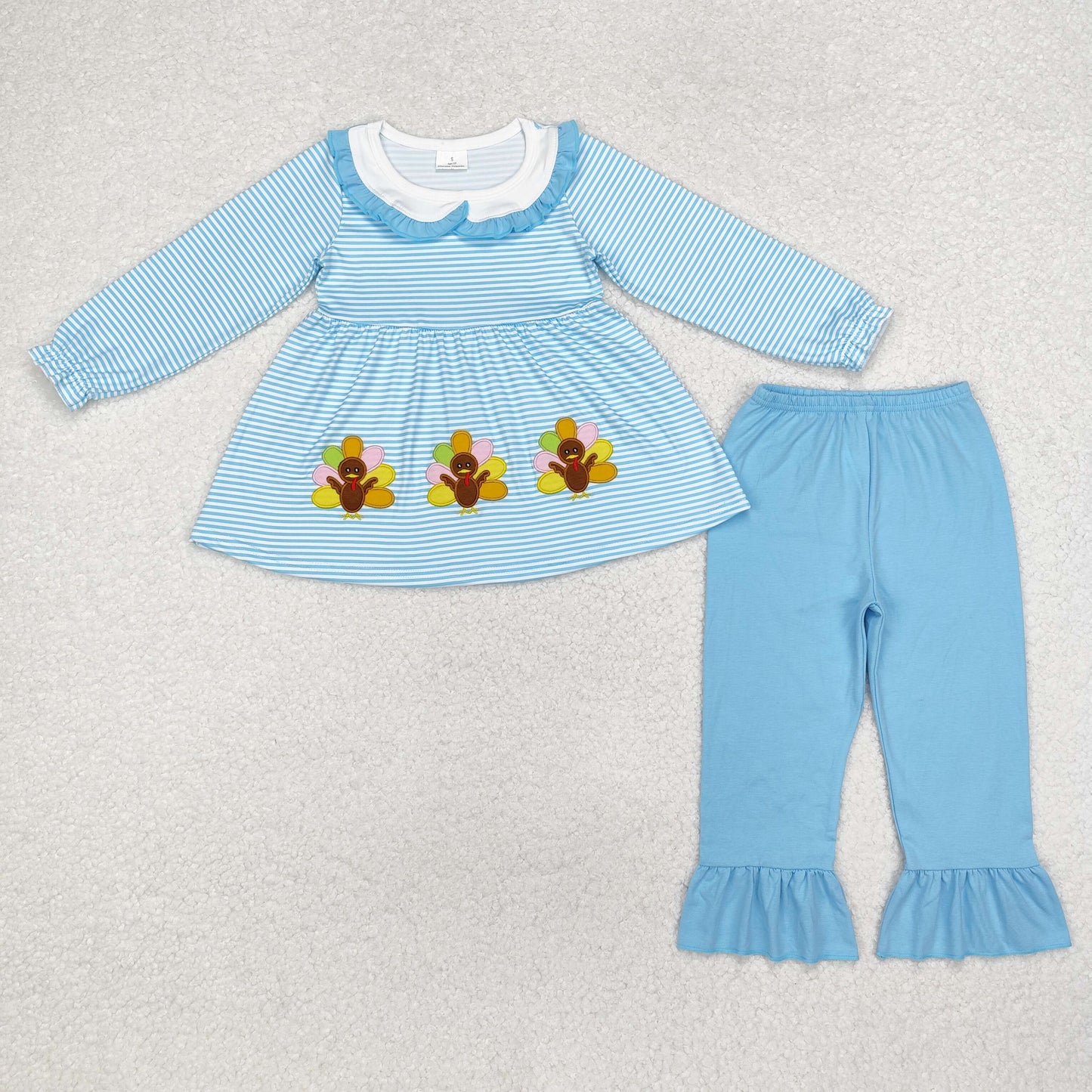 Baby Girl Long Sleeves Embroider Thanksgiving turkey Tunic Blue Pants Set