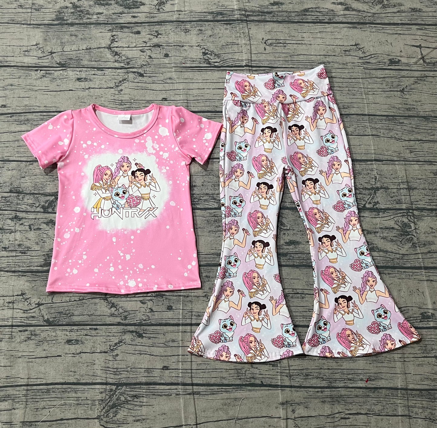 Baby Girls Pink Short Sleeves Singer Shirt Hearts Bell Pants Set RTS