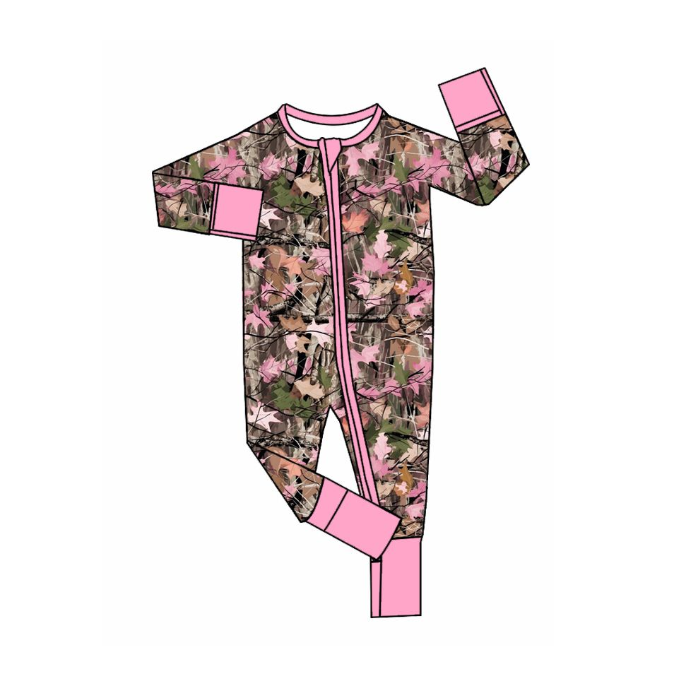 ( Moq 5 ) Preorder Baby Girls Infant Long Sleeves Leaves Zipper Footie Sleeper Camo Romper