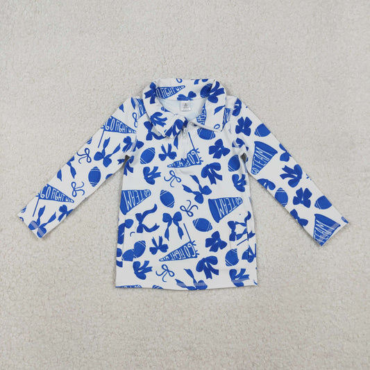 Baby Girl Long Sleeves Blue Football Bows Team Cheer Yoga Active Zipper Shirt Tops RTS