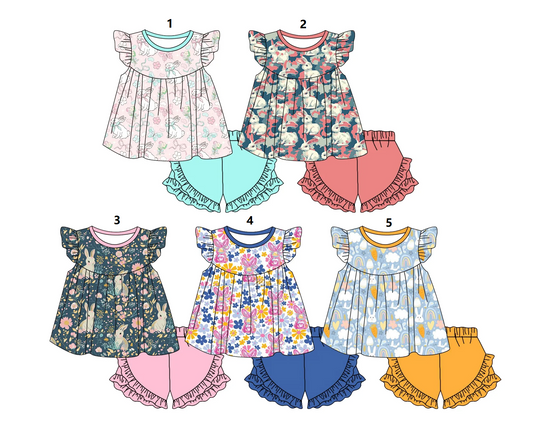 ( Moq 5 Each Style ) Baby Girls Kids Short Sleeves Rabbits Flower Tunic Shorts Sibling Easter Sets