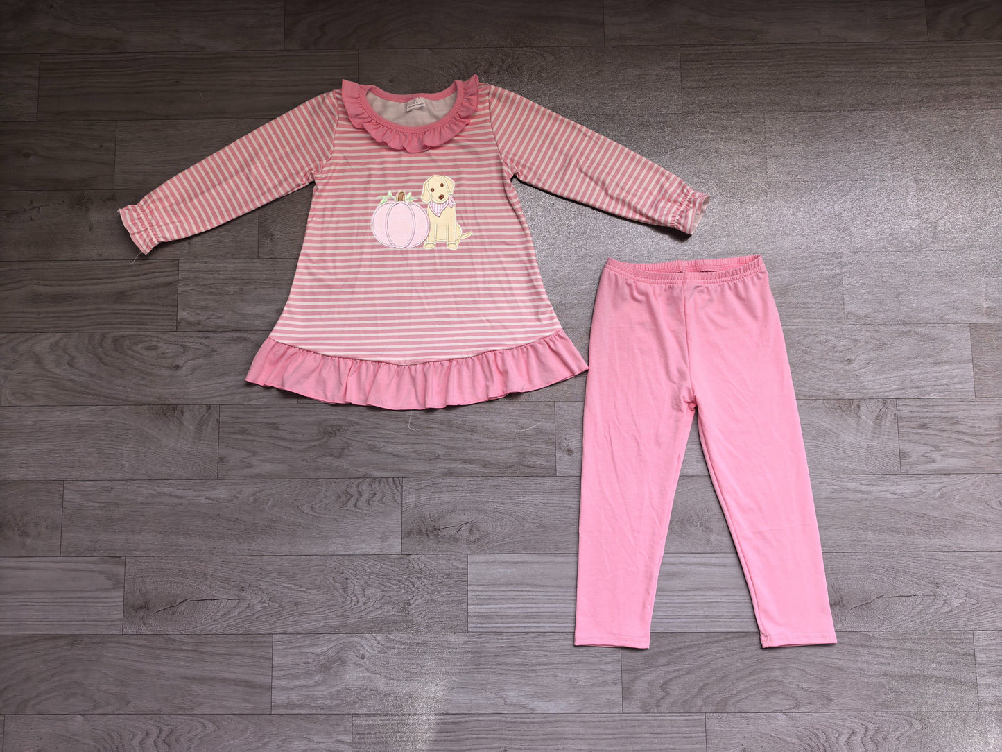 ( No moq ) Preorder Baby Girls Kids Embroidery Pumpkin Dog Tops Pink Pants Set Fall Clothes