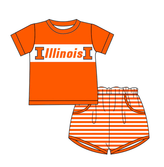 Baby Boy Orange Short Sleeves Team Shirt Stripes Pockets Shorts Clothes Set ( Moq 5 )