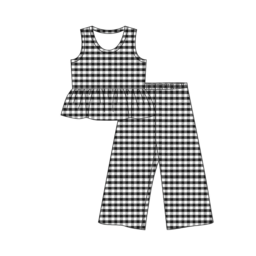 ( Moq 5 ) Preorder Baby Girls Kids Sleeveless Black Plaid Ruffle Tops Pants Set Clothes