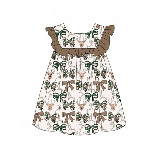 ( Moq 5 )  Preorder Baby Girls Kids Short Sleeves Deer Bows Knee Length Dress Hunting Clothes