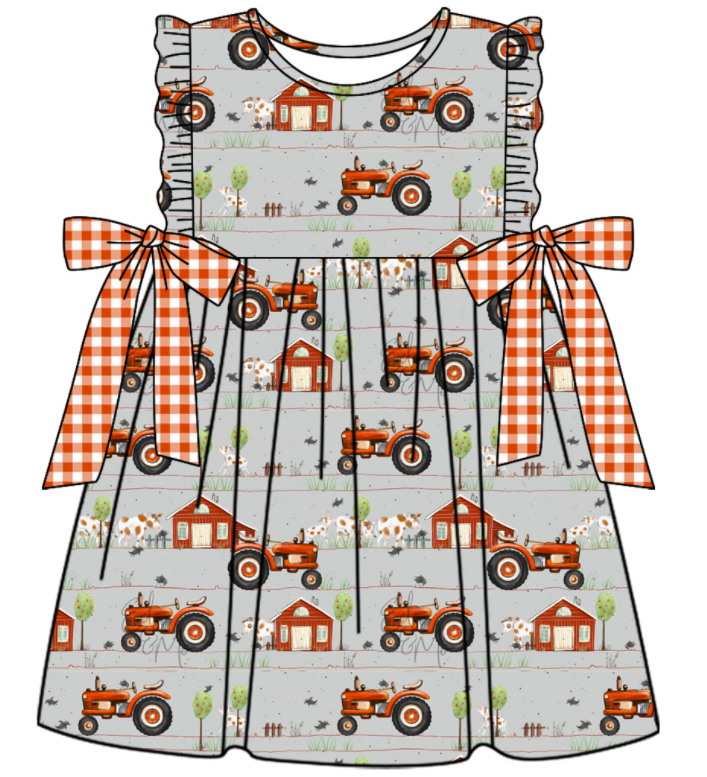 Baby Boy Girl Farm Tractor Cow Sibling Matching Green Dress Romper Clothes Set ( Moq 5 Each style )