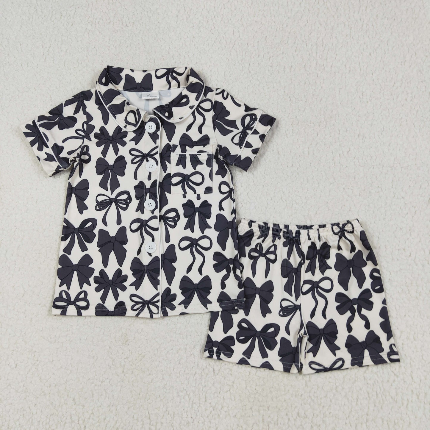 Baby Girl Short Sleeves Black Bows Buttons Shirt Shorts Pajamas Clothes Set RTS
