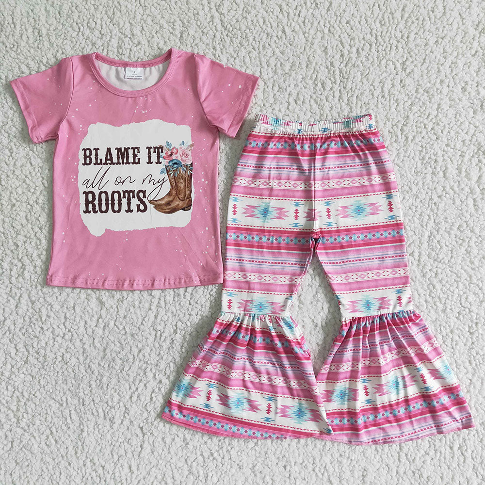 Promotion Baby Girl Boots Pink Shirt Stripe Bell Pants Set