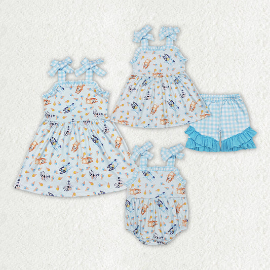 Baby Girl Straps Dogs Sibling Sister Blue Dress Romper Set