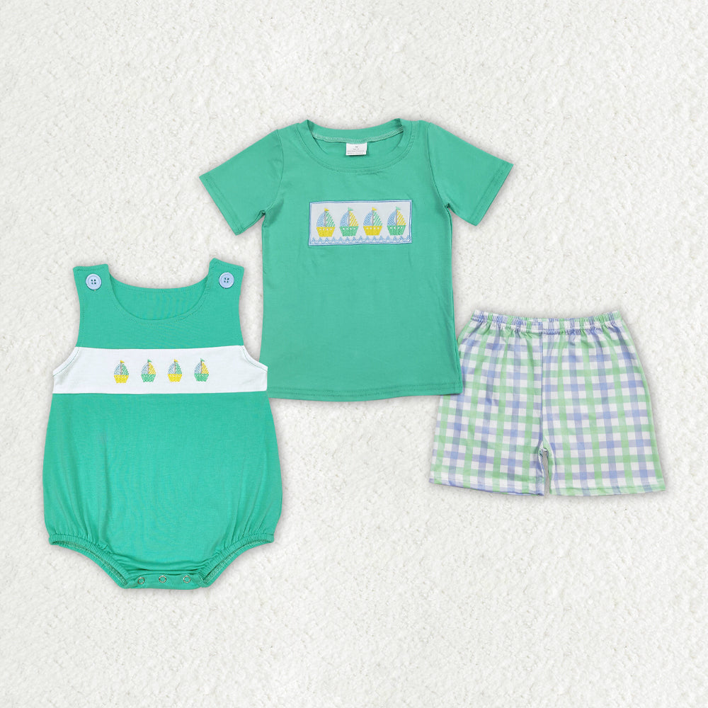 Baby Boy Embroidery Boats Sibling Summer Romper Set