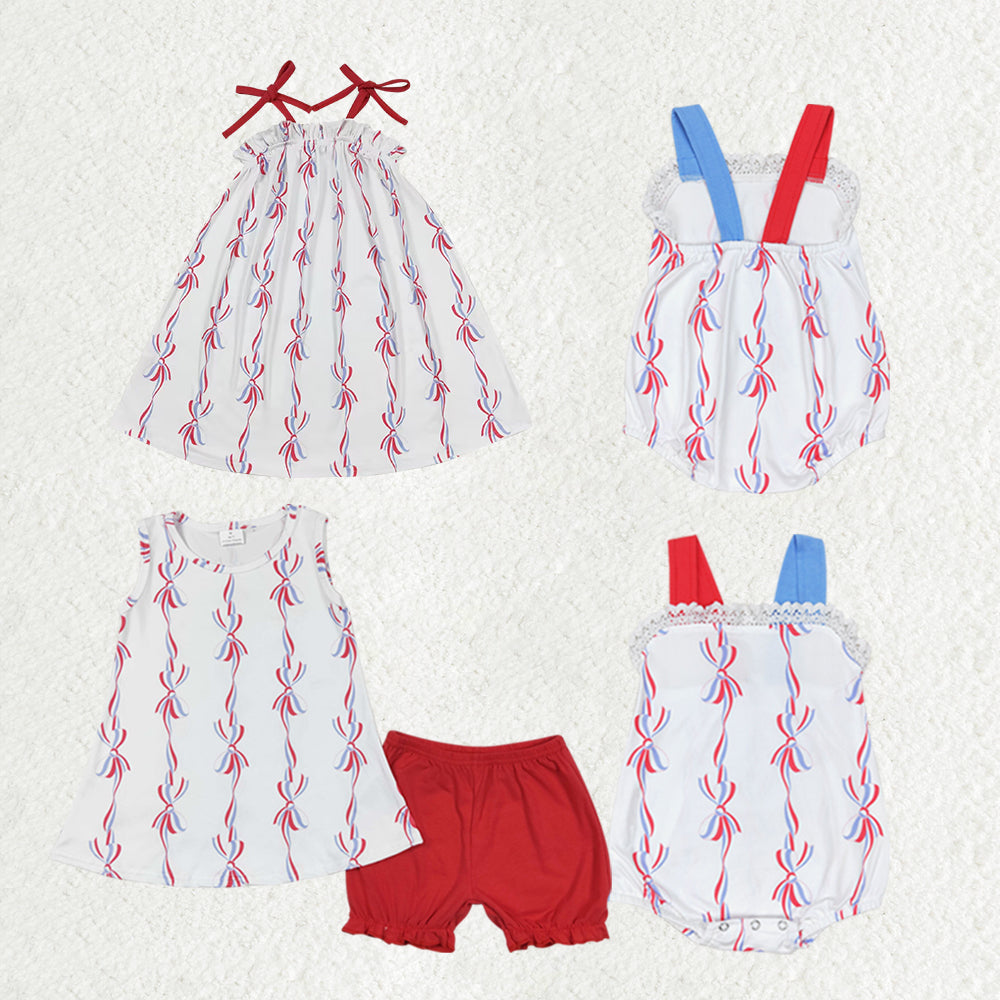 Baby Girl Sleeveless 4th Of July Bows Sibling Romper Dress Set