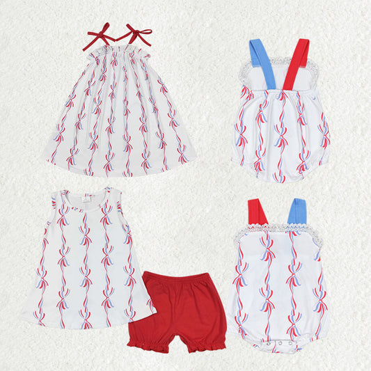 Baby Girl Sleeveless 4th Of July Bows Sibling Romper Dress Set