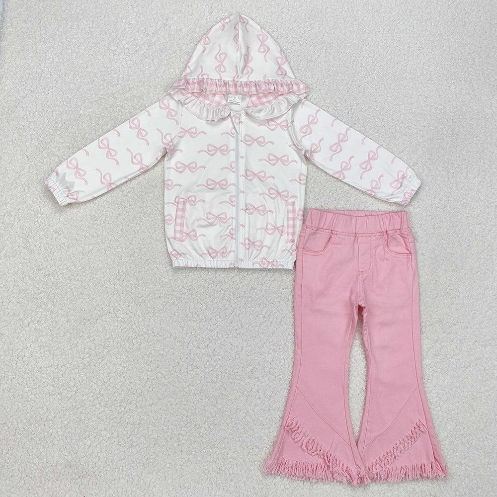 Baby Girl Long Sleeves Bows Hooded Zipper Tops Pink Denim Pants Jeans Clothes Set