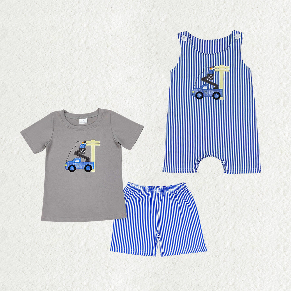 Baby Boy Embroidery Construction Line Man Sibling Romper Set