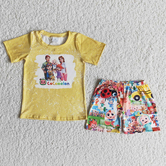 Promotion Baby Boy Yellow Shirt Shorts Summer Melon Cartoon Set