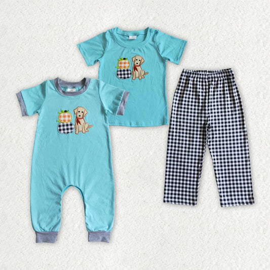 Baby Boy Short Sleeves Embroidery Dogs Pumpkins Sibling Romper Set Thanksgiving RTS