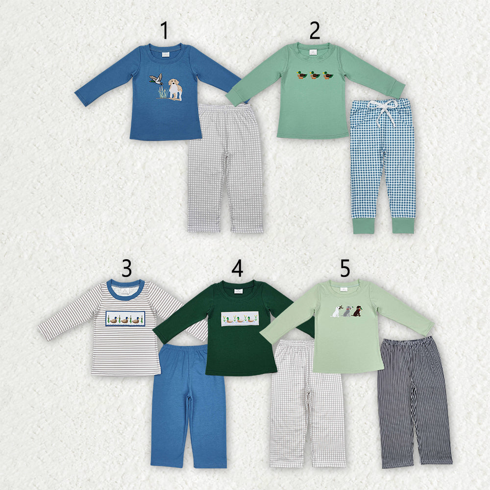 Baby Boy Long Sleeves Embroidery Ducks Dogs Shirt Pants Set Sibling Hunting Clothes RTS