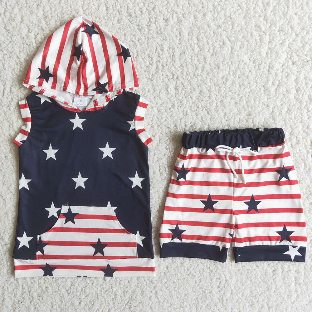 Promotion Baby Boy Hoodie Shirt Stars Stripes Shorts July 4th Set