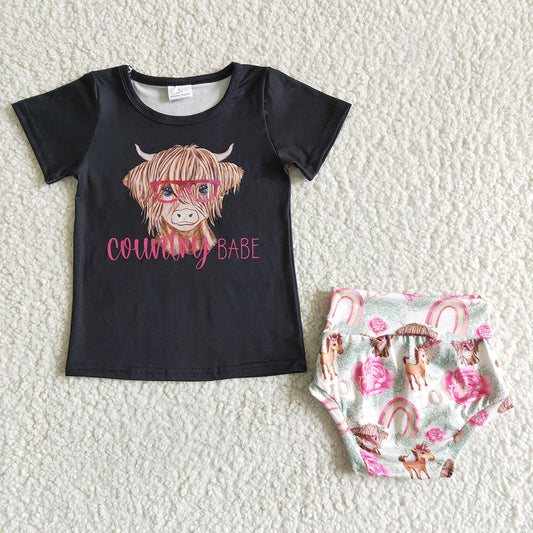 Baby girl country western Black Shirt bummie clothing sets