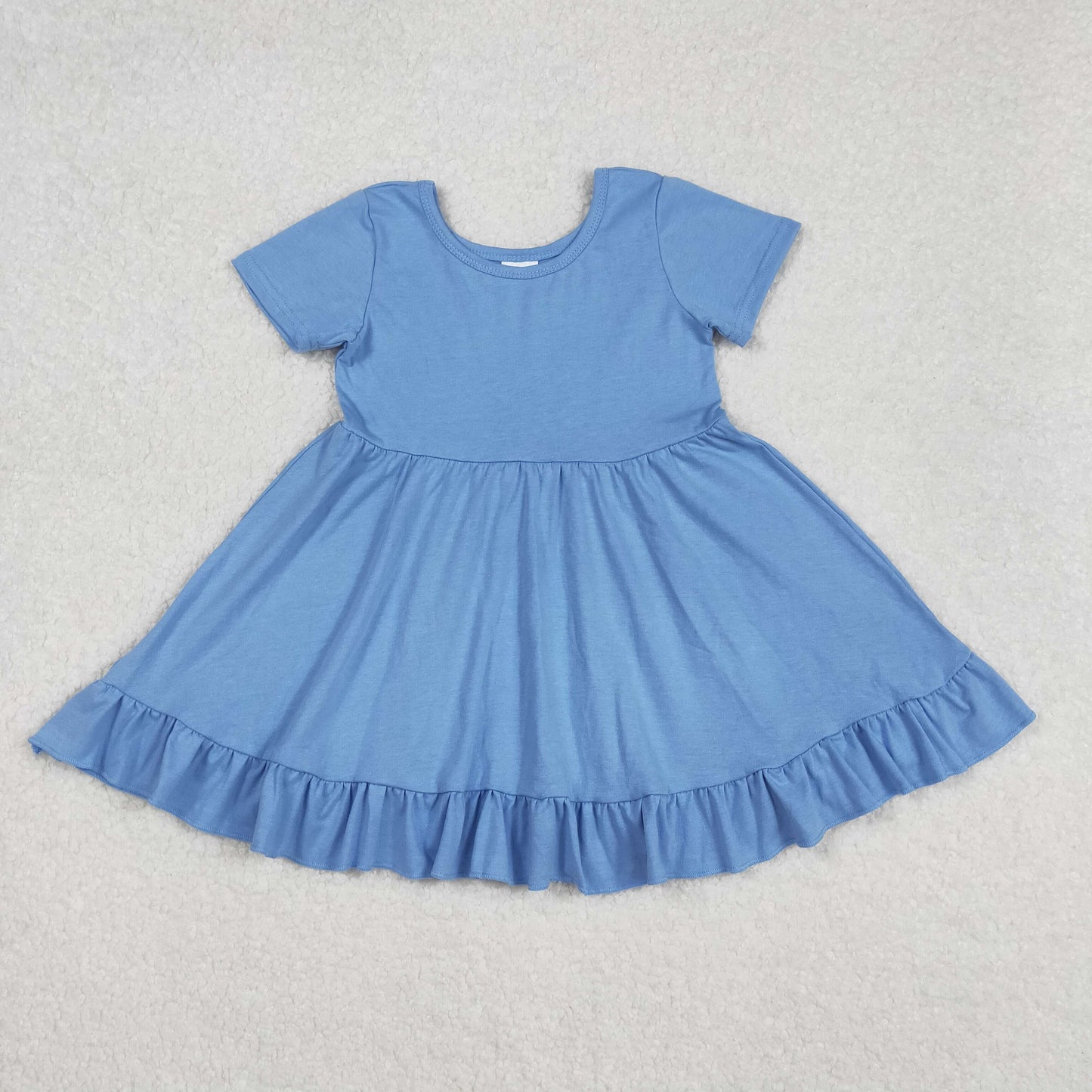 Baby Girl Short Sleeves Blue Cotton Ruffle Knee Length Dress RTS