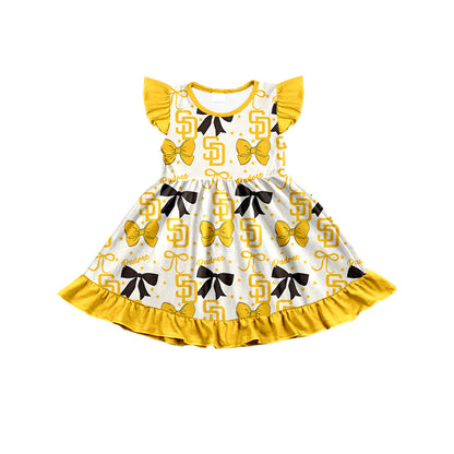 ( Moq 5 each style ) Baby Boy Girl Toddler Team Bows ‌Yellow Sibling Shirt Dress Set 6.17